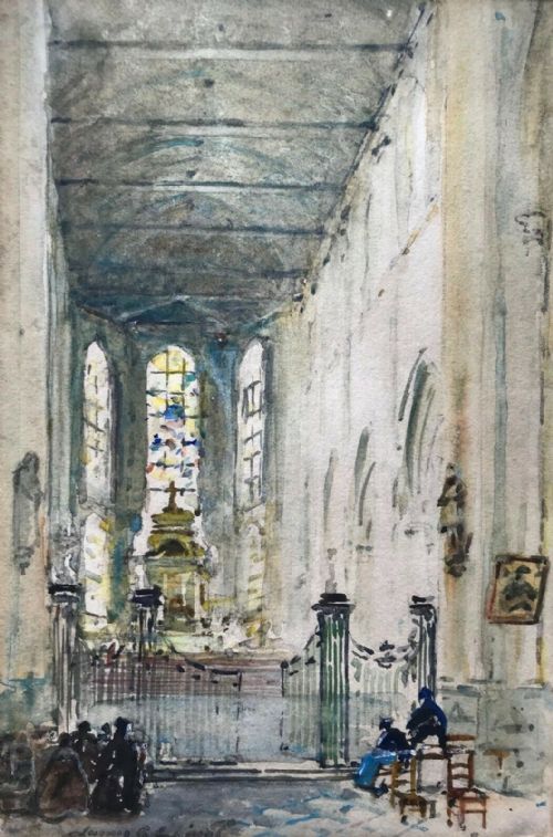 fig 1. James Garden Laing Signed Original Antique Watercolour Painting Collegiale St Vulfran France