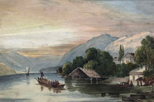 Continental School Original Antique Watercolour Painting Lake Mountain Landscape