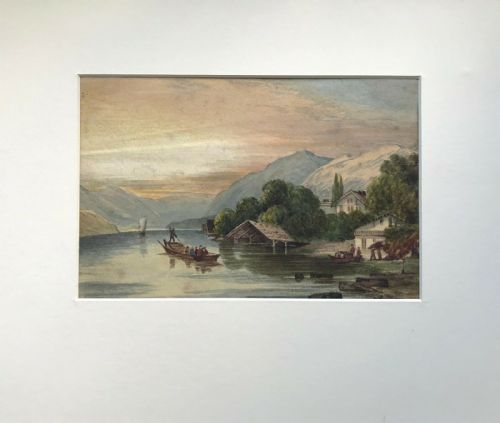 fig 1. Continental School Original Antique Watercolour Painting Lake Mountain Landscape