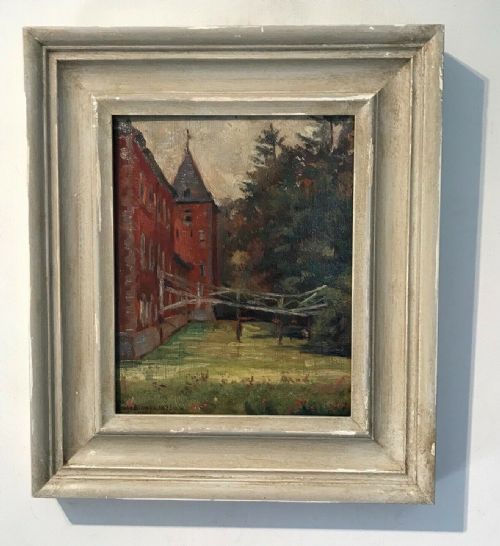Paule Bisman Signed (1897-1973) Franc-waret Castle Belgium Original Mid 20th Century Oil Painting on Wood Panel
