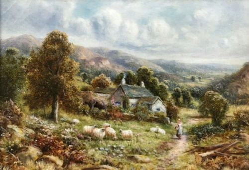 Robert John Hammond Original Antique Oil Painting Sheep & Cottage Landscape