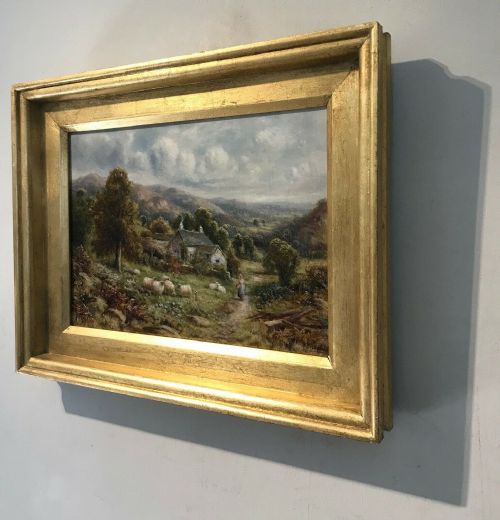 fig 1. Robert John Hammond Original Antique Oil Painting Sheep & Cottage Landscape