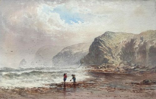 Harry Williams Signed 1877 Original 19th Century English Antique Painting Watergate Bay, North Cornwall, England