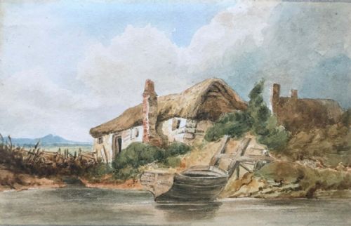 English School Original 19th Century Antique Watercolour Painting Rural Cottage & Boat Landscape