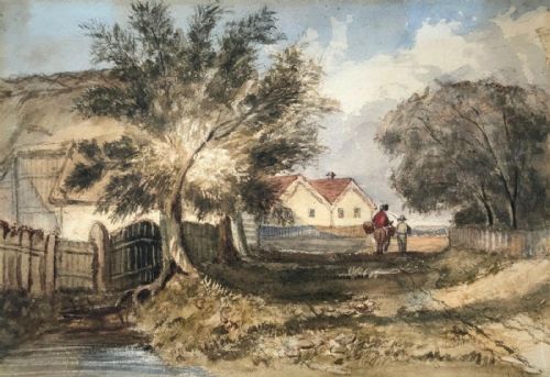 Indistinctly Signed Original Antique Watercolour Painting Figures Rural Village