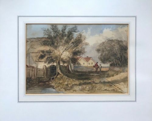 fig 1. Indistinctly Signed Original Antique Watercolour Painting Figures Rural Village