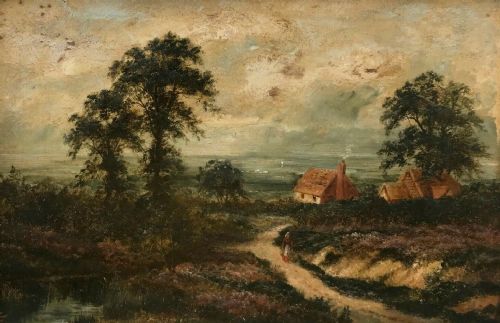 Edgar Longstaffe  Signed Original Antique English School Oil Painting on Board Cottage & Figure by the Sea
