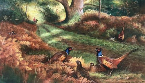 fig 3. Manner of Archibald Thorburn bears Signature Original Antique English Watercolour Painting Pheasants in a Woodland Landscape