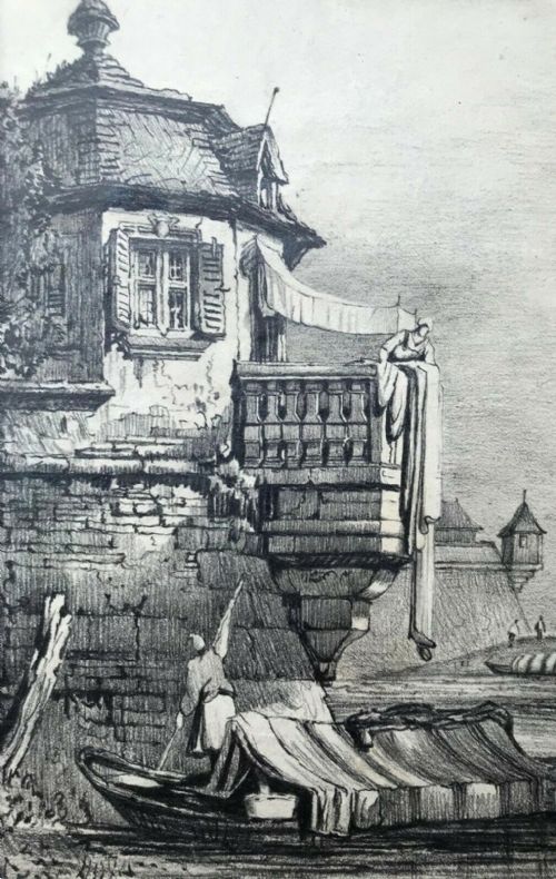 fig 1. Manner of Samuel Prout Original 19th Century Antique Pencil Drawing Sketch of a Continental Landscape