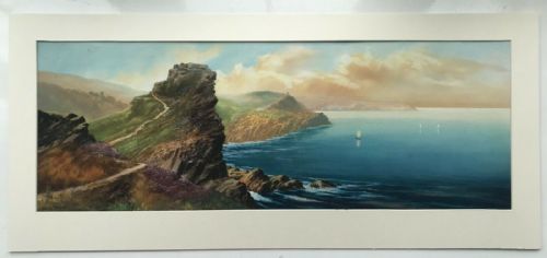 fig 1. Signed Roland Stead Original Vintage Gouache Watercolour Painting Valley of the Rocks Lynton North Devon English Seascape