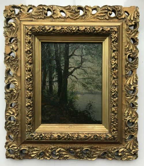 Signed French School Original 19th Century Antique Oil Painting on Wood Panel Tree & Lake Impressionist Landscape