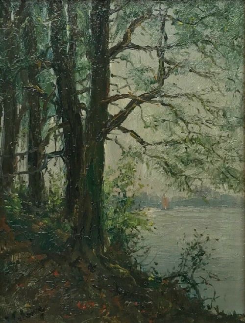 fig 1. Signed French School Original 19th Century Antique Oil Painting on Wood Panel Tree & Lake Impressionist Landscape