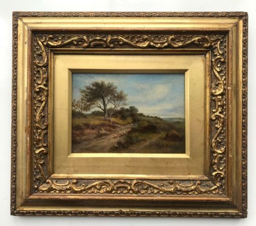 W F Hardy Signed Original Antique Oil Painting on Wood Panel Sheep & Figures Landscape