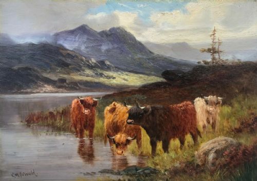 Charles W Oswald Signed Original 19th Century Antique Oil Painting on Canvas Highland Cattle & Scottish Mountain Landscape Scene
