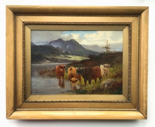 fig 1. Charles W Oswald Signed Original 19th Century Antique Oil Painting on Canvas Highland Cattle & Scottish Mountain Landscape Scene