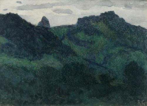 fig 1. Monogram RG Signed Original Antique Watercolour Painting Landscape Mountain landscape