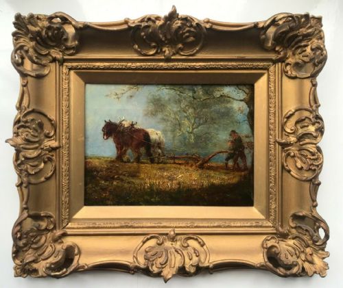 Indistinctly Signed Original 19th Century Antique Framed Oil Painting on Canvas Horse & Plough Landscape