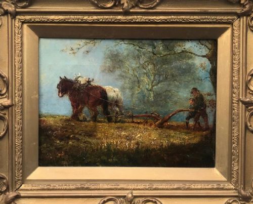 fig 1. Indistinctly Signed Original 19th Century Antique Framed Oil Painting on Canvas Horse & Plough Landscape