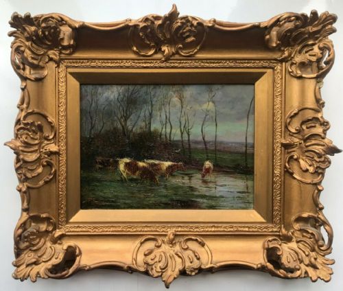 Indistinctly Signed P Foley Original 19th Century Antique Gilt Framed Original Oil Painting on Canvas Cattle Watering River Landscape