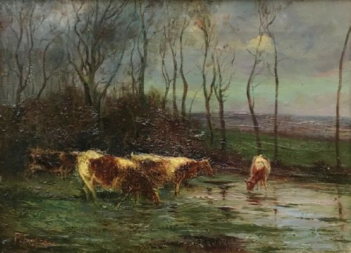 fig 1. Indistinctly Signed P Foley Original 19th Century Antique Gilt Framed Original Oil Painting on Canvas Cattle Watering River Landscape