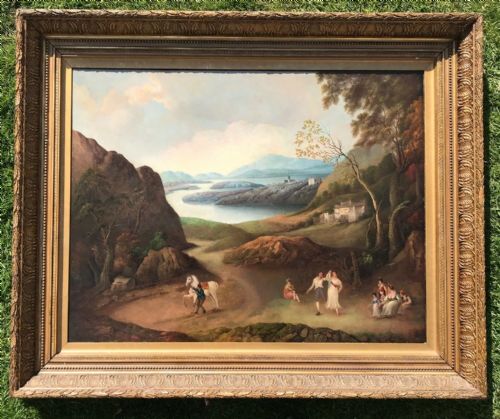 fig 1. Manner of Jacob Philipp Hackert Original circa 1700 Antique Oil Painting on Canvas Figures in a Classical Landscape