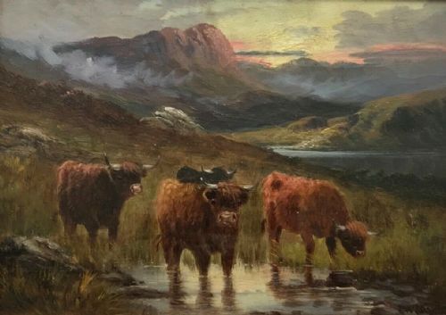Charles W Oswald Signed Original Late 19th Century Antique Oil Painting on Canvas Highland Cattle Watering & Scottish Highland Landscape