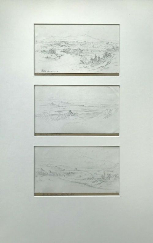 Triptych Antique Dated 1841 Original Signed Pencil Study Drawings of Italian Landscapes