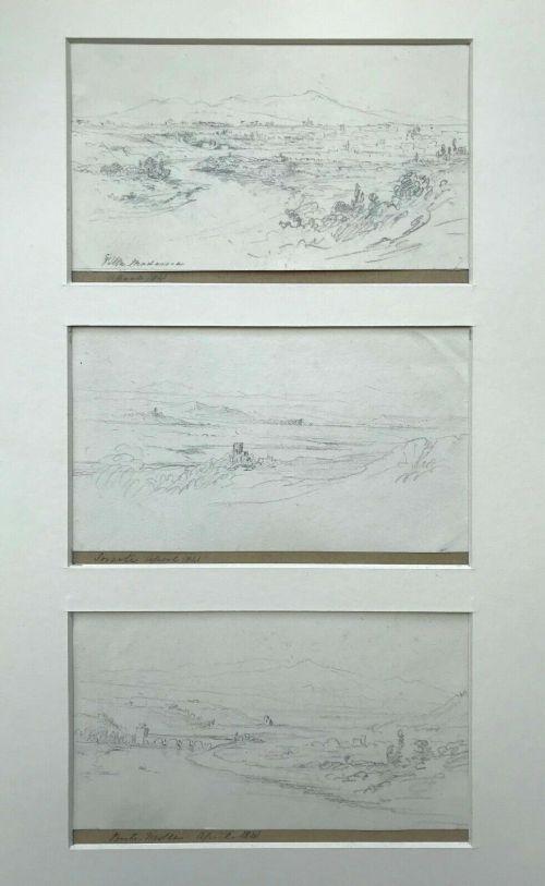 fig 1. Triptych Antique Dated 1841 Original Signed Pencil Study Drawings of Italian Landscapes