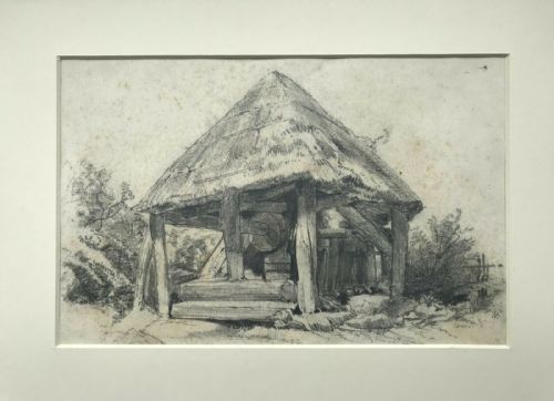 View of an Old Well Signed Original Antique Pencil Drawing Sketch Study 19th Century Landscape