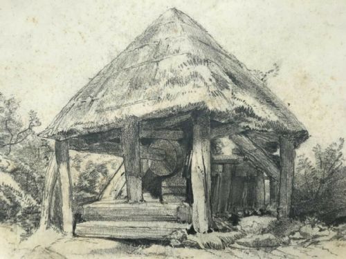 fig 1. View of an Old Well Signed Original Antique Pencil Drawing Sketch Study 19th Century Landscape