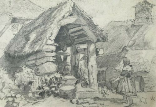 View of a Stone Cottage & Girl Signed with Monogram Original Antique Pencil Drawing Sketch Study