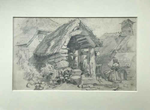 fig 1. View of a Stone Cottage & Girl Signed with Monogram Original Antique Pencil Drawing Sketch Study 