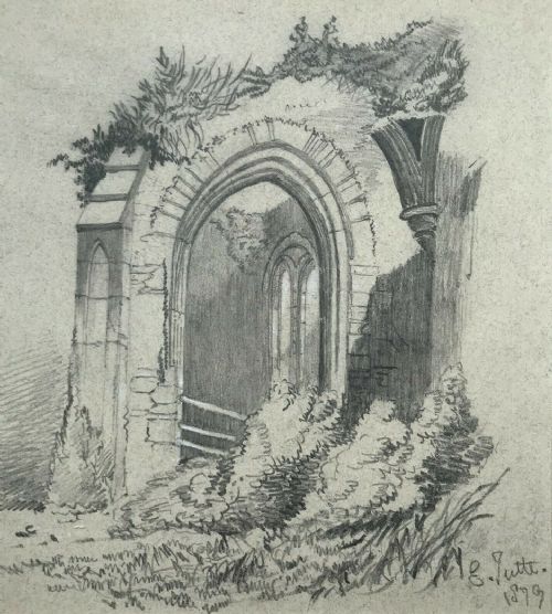 Indistinctly Signed Dated 1879 Original Antique Pencil Drawing Sketch Study of Abbey Ruin Landscape