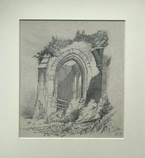fig 1. Indistinctly Signed Dated 1879 Original Antique Pencil Drawing Sketch Study of Abbey Ruin Landscape