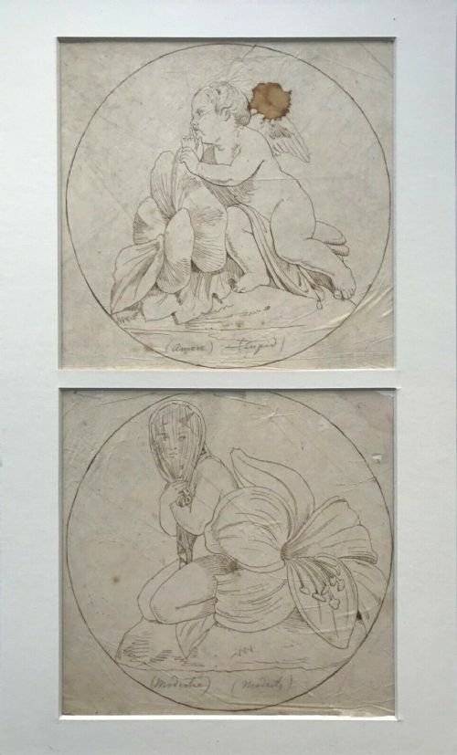 2 Original 19th Century Antique Classical Figures Ink Drawings on Vellum Cupid & Modesty