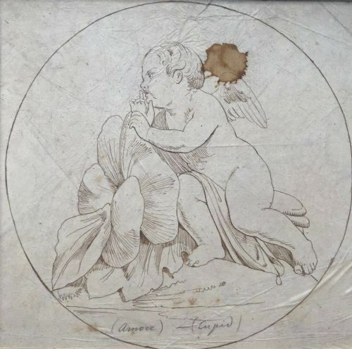 fig 1. 2 Original 19th Century Antique Classical Figures Ink Drawings on Vellum Cupid & Modesty