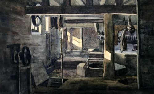 Original 19th Century Antique Watercolour Painting Old Mill Interior Architecture Scene