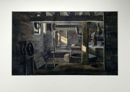 fig 1. Original 19th Century Antique Watercolour Painting Old Mill Interior Architecture Scene