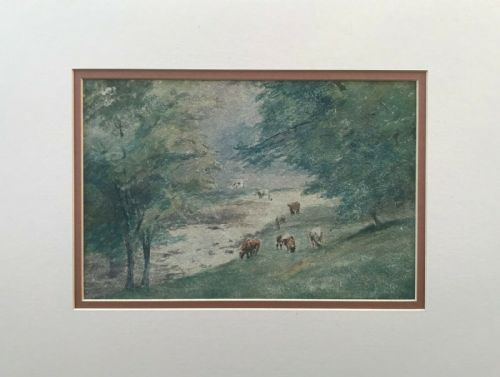 English School Early 20th Century Original Antique Watercolour Painting Cattle Grazing by Riverside