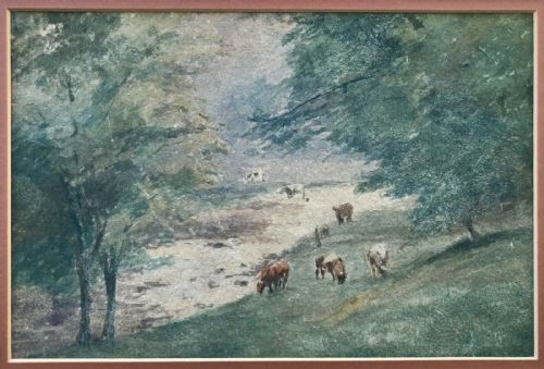 fig 1. English School Early 20th Century Original Antique Watercolour Painting Cattle Grazing by Riverside 