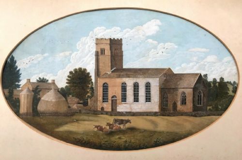 English Naïve School Original Antique Watercolour Landscape Painting Cattle Before a Church