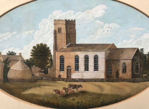 fig 1. English Naïve School Original Antique Watercolour Landscape Painting Cattle before a Church