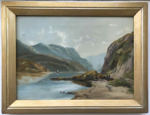 Original Antique Oil Painting on Canvas Lake & Mountain Landscape in Gilt Slip