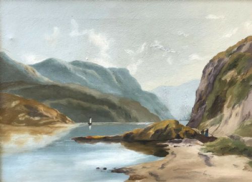 fig 1. Original Antique Oil Painting on Canvas Lake & Mountain Landscape in Gilt Slip