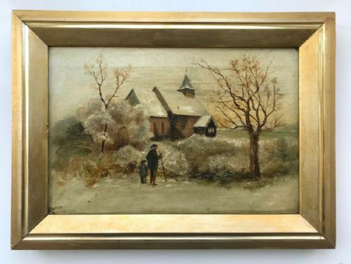 Signed Baker Original 19th Century Antique Oil Painting on Canvas Snow Church & Figures Landscape in Gilt Slip