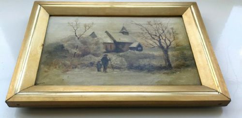 fig 1. Signed Baker Original 19th Century Antique Oil Painting on Canvas Snow Church & Figures Landscape in Gilt Slip