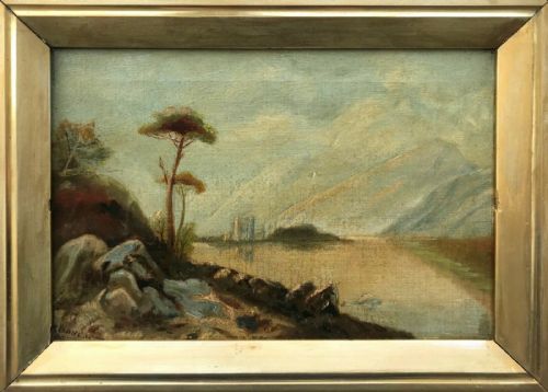 fig 1. Signed Baker Original 19th Century Antique Oil Painting Lake & Castle, Scottish Landscape