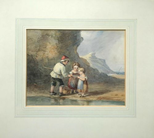 fig 1. Original 19th Century English School Antique Watercolour Painting Children Rock pooling Seascape