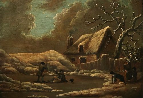Dutch School Original 19th Century Antique Oil Painting on Wood Panel Figures in a Winter Landscape