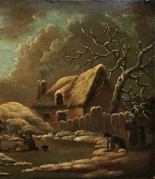 fig 1. Dutch School Original 19th Century Antique Oil painting on Wood Panel Figures in a Winter Landscape